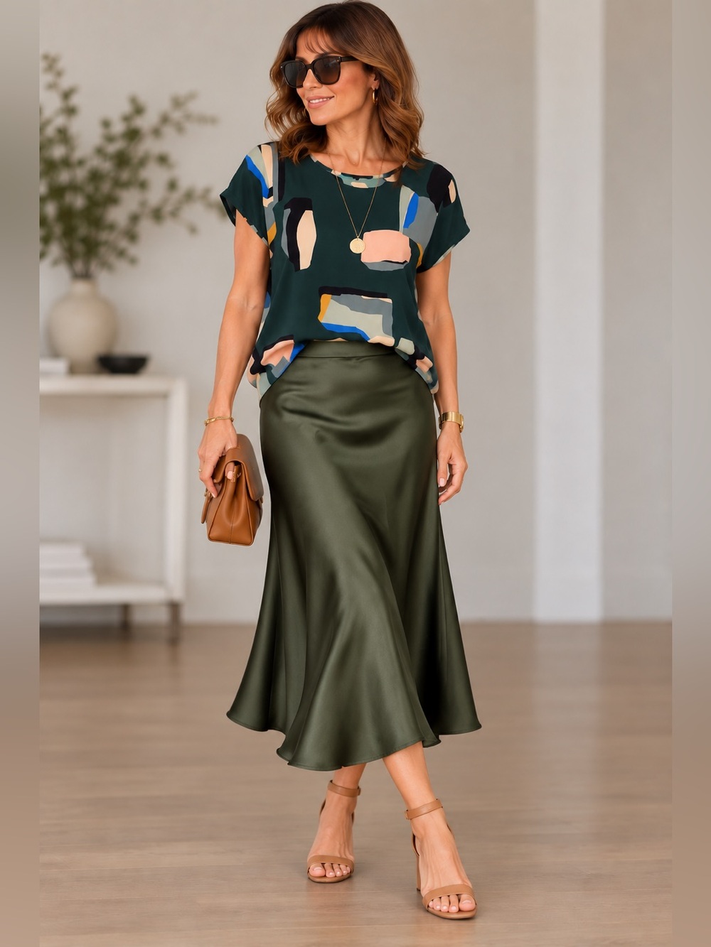 Vero Moda Abstract Print Viscose Top Forest Green size medium